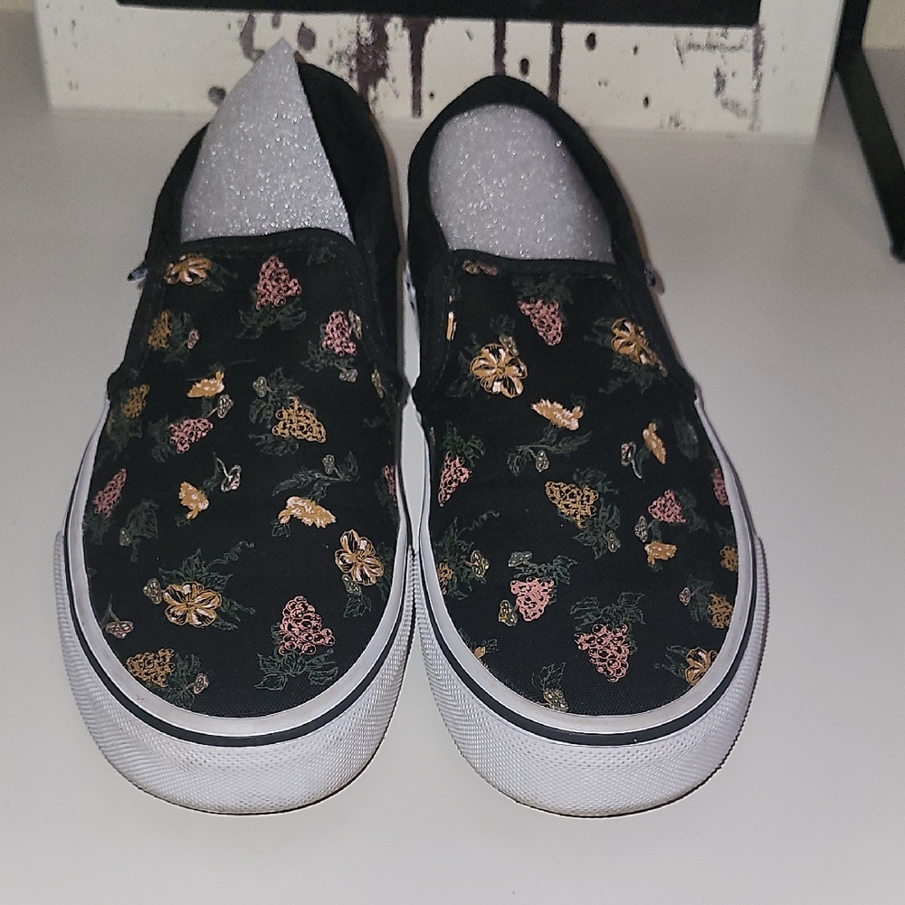 Vans Black and Pink Wine Grapes On Black Canvas Slip-On Sneakers